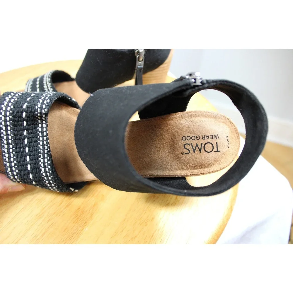 Toms Womens Heeled Sandals Size 9 Black Woven Ankle Strap Block Heel Open Toe